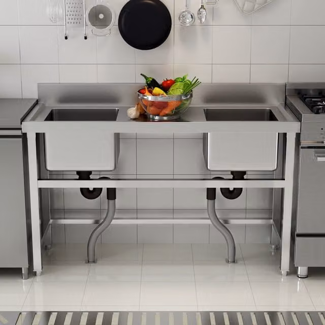 Livingandhome Stainless Steel Commercial Kitchen Table with 2 Sinks and Middle Drainboard in Silver