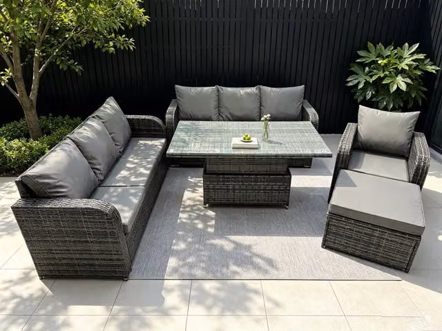 Fimous 8 Seat Garden Dining Set with Reclining Sofa and Footstool in Dark Grey Polyrattan
