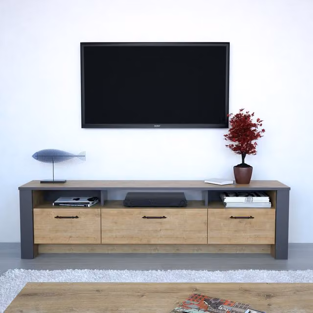 Decorotika Modern Manhattan TV Stand in Oak and Grey