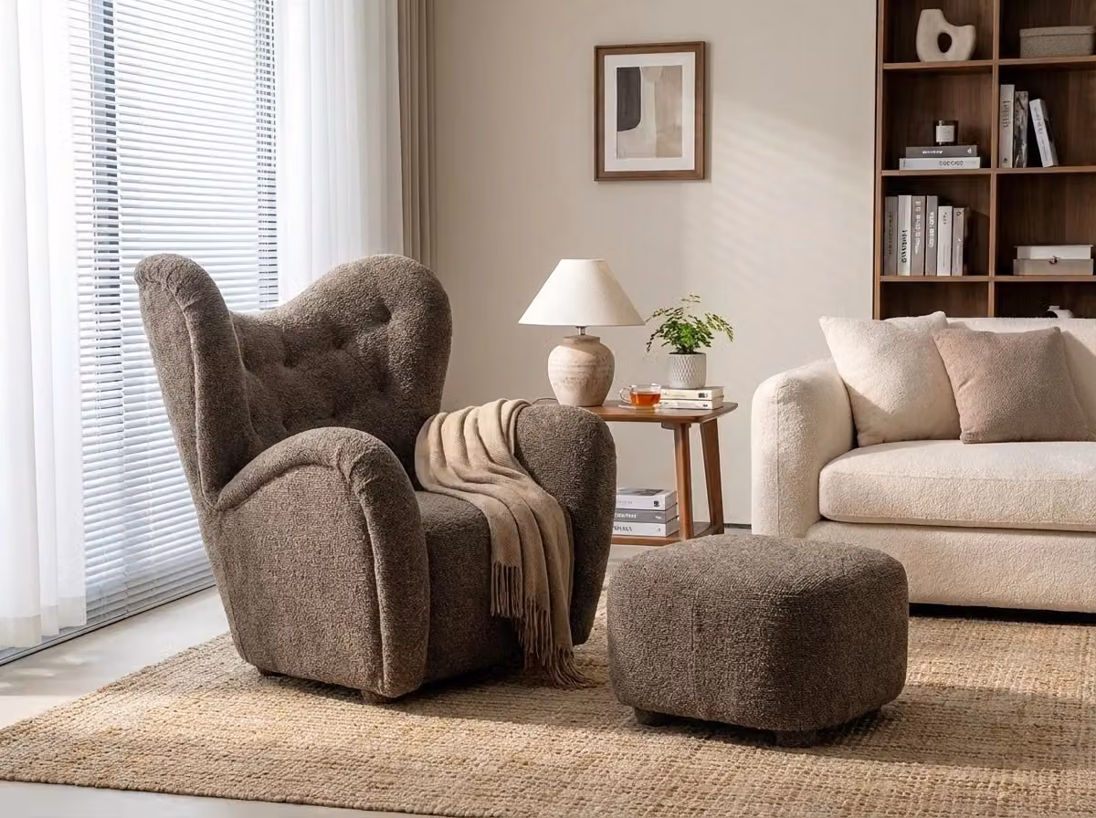 Araco Atelier Teddy Armchair in Porcini Brown Bouclé with Integrated Ottoman