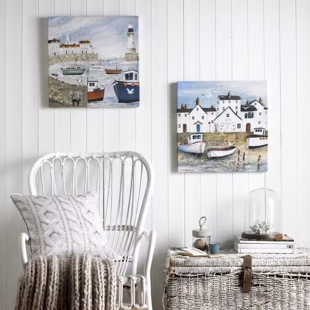 Art For the Home Harbourside Seascape Hand Painted Effect Printed Canvas in Blue and White