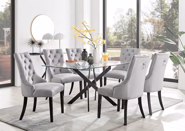 FurnitureboxUK Leonardo Grey Glass Dining Table with 6 Belgravia Black Leg Chairs