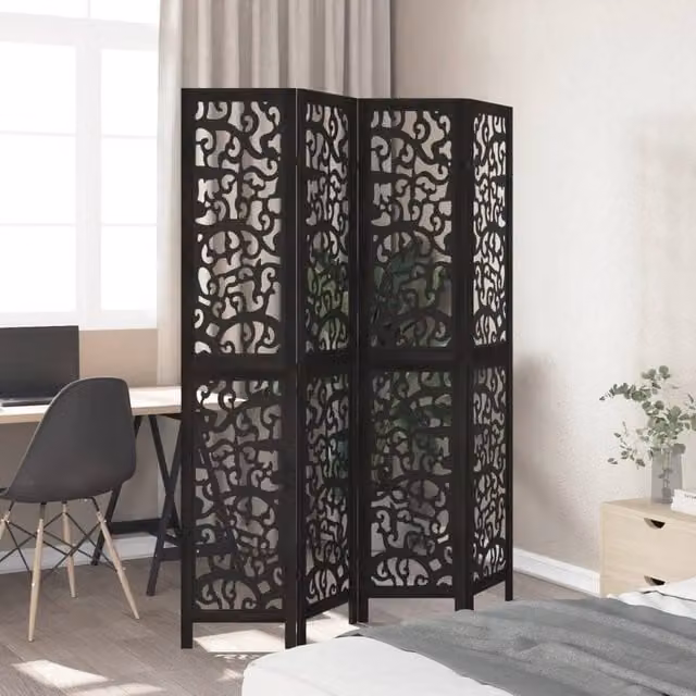 Berkfield Home 4-Panel Room Divider in Black Solid Paulownia Wood, H: 200 cm x H: 145 cm – 1