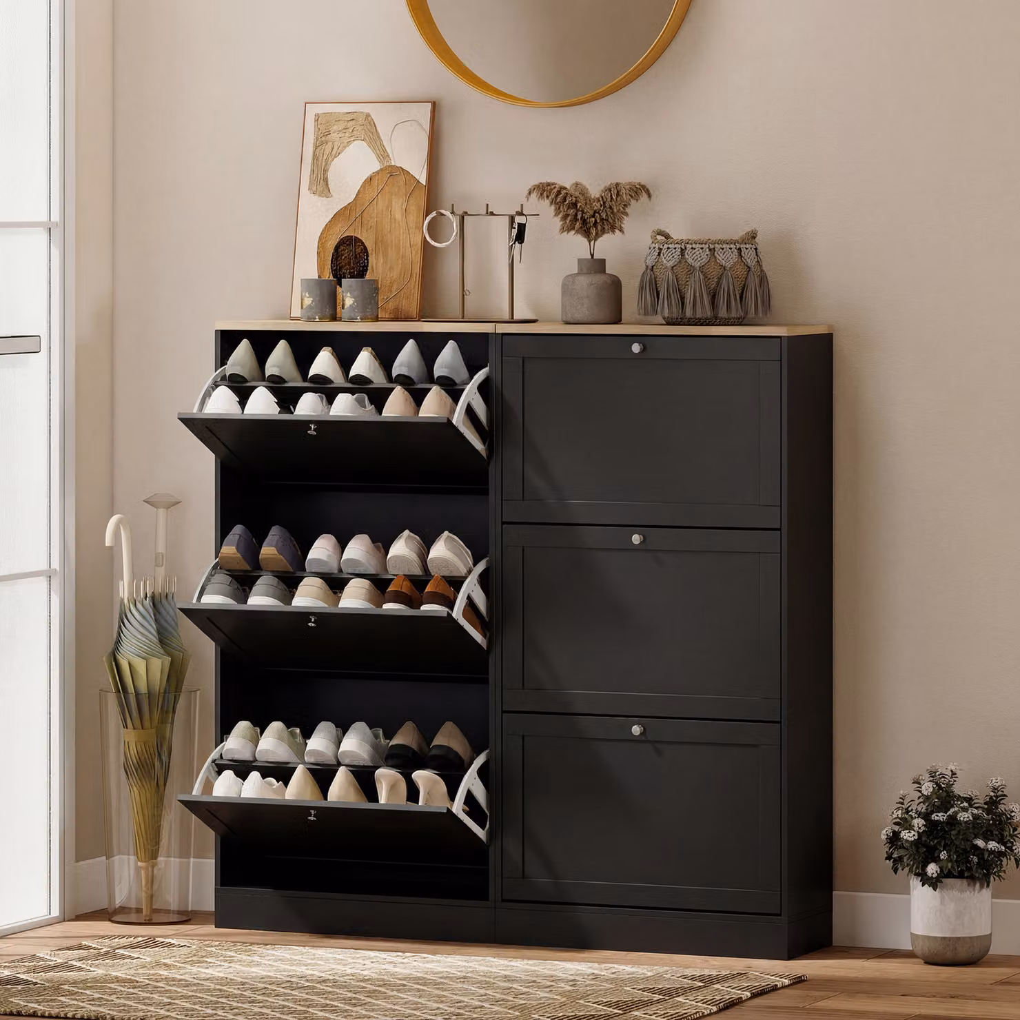 HOMCOM Modern Compact Three-Drawer Shoe Storage Cabinet in Black – 6