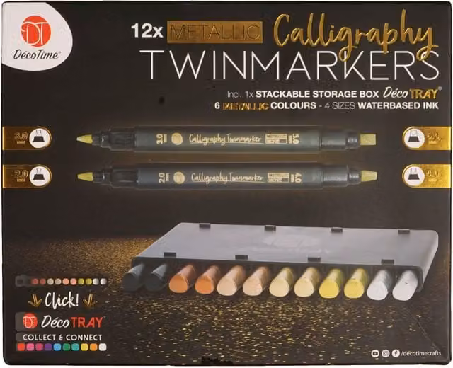 DecoTime Pack of 12 Multicolour Metallic Calligraphy Twin Brush Markers
