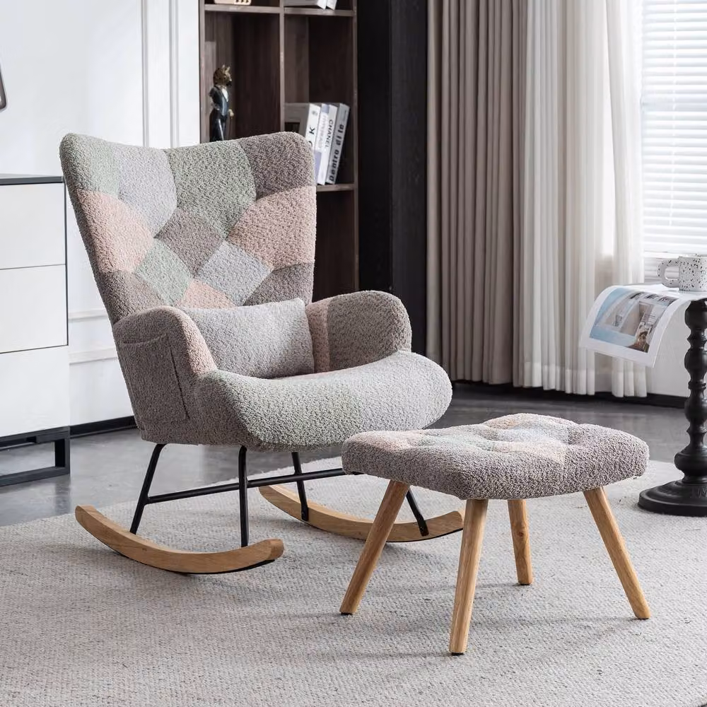 Rolipo Multicolour Fabric Wingback Rocking Chair with Ottoman and Pillow – 2