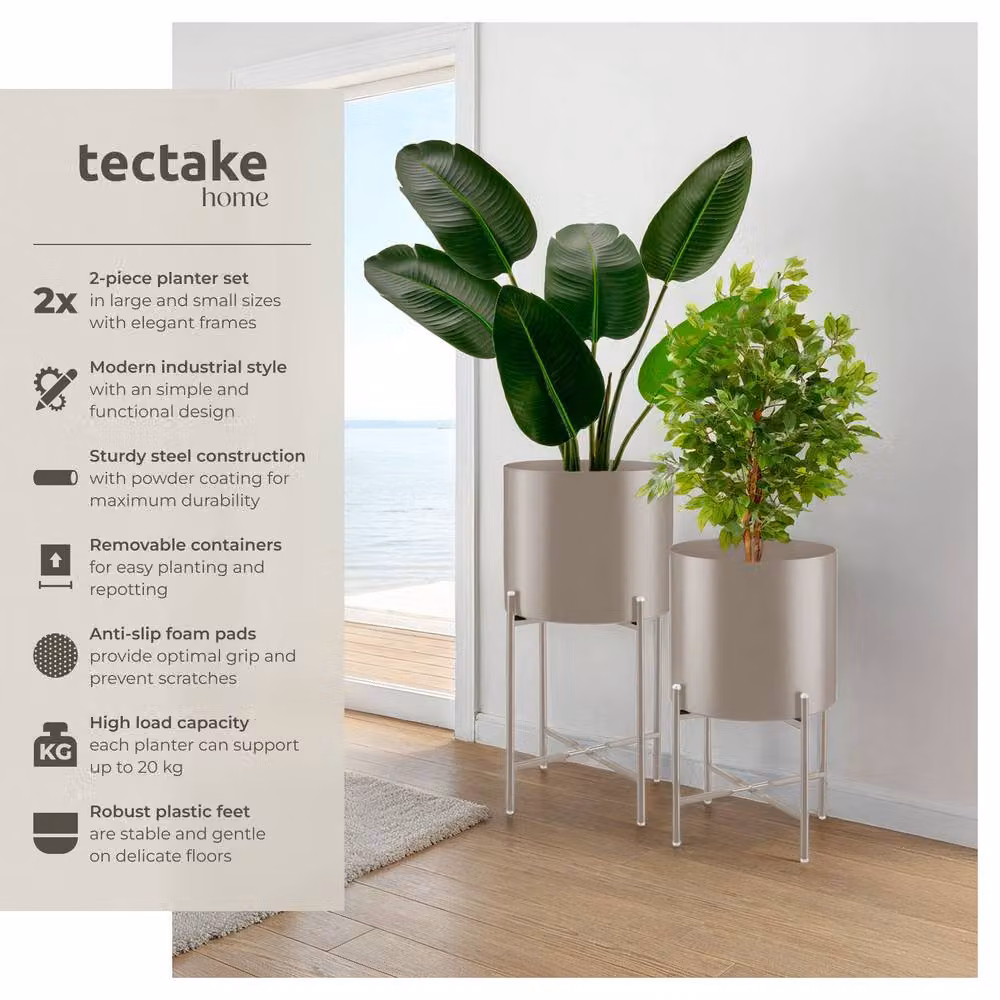 tectake Kalmar Set of 2 Decorative Plant Stands in Black Steel and Taupe – 2