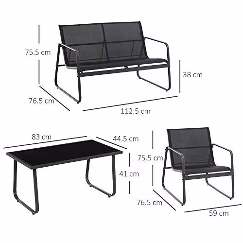 Outsunny 4 Piece Garden Furniture Set in Black with Upholstered Cushions, 2 Seater Sofa, Armchairs and Glass Top Coffee Table – 4