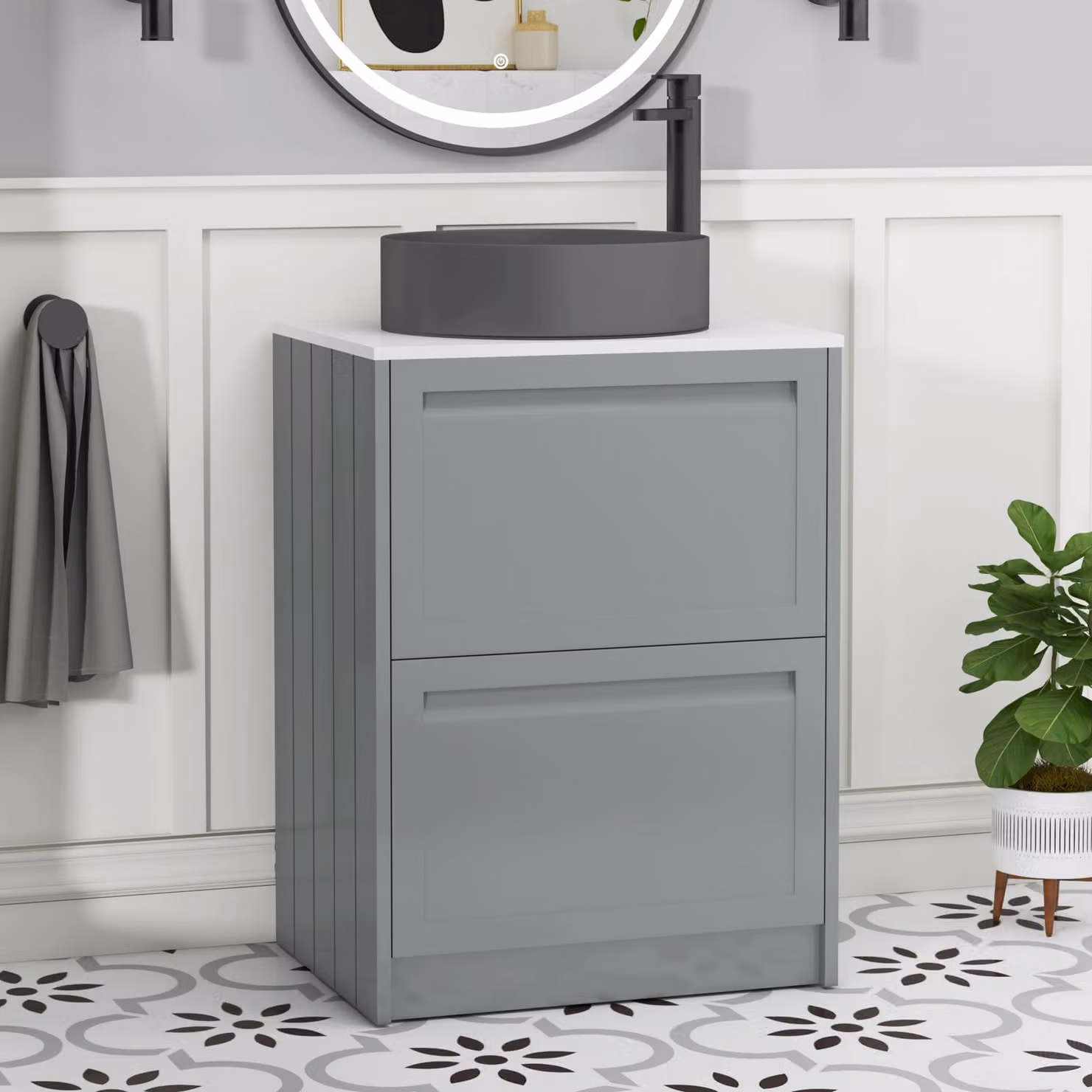 Royal Bathrooms Elmore 600mm Floor Standing Vanity Unit in Matt Pebble Grey with 2 Drawers, Plain White Worktop and Art Round Basin