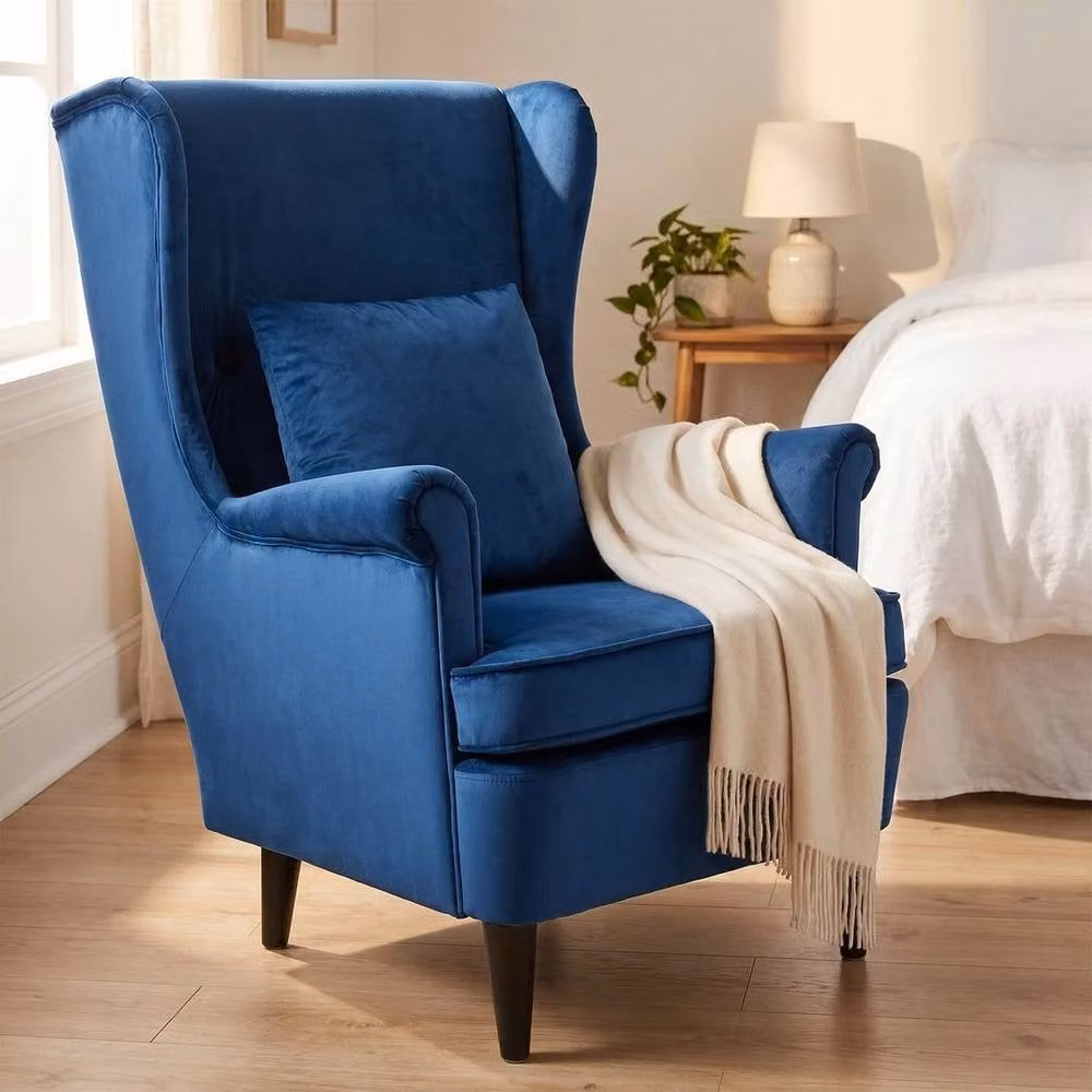 FORGEVIO Modern Blue Velvet Wingback Accent Chair with Armrests, H 83.0 x W 75.0 x D 104.0 cm – 4