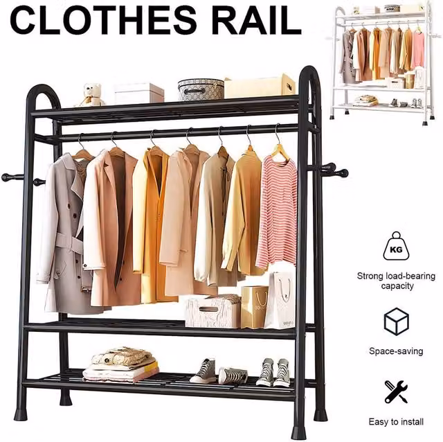 FORGEVIO Black Heavy Duty Metal Double Rail Clothes Hanging Rail