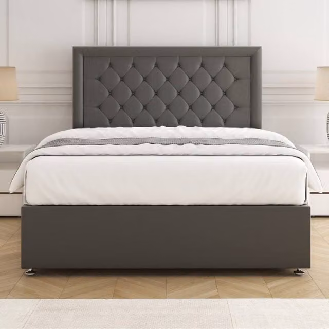 BSSPOKE Nova Super King Plush Velvet Divan Bed Set with 24 inch Headboard and Mattress in Grey, W/D/H: 200 x 200 cm – 1