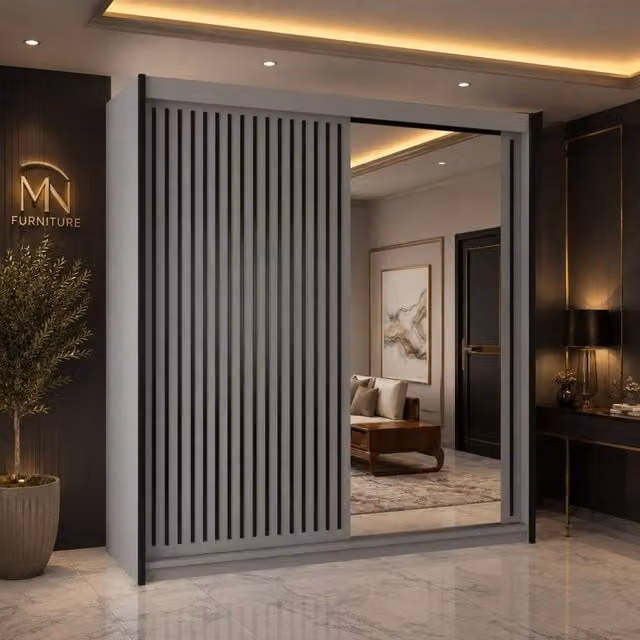 MN Furniture Reno 2 Sliding Door Wardrobe with Mirror and LED Light in Taupe, W: 150 cm, H: 217 cm