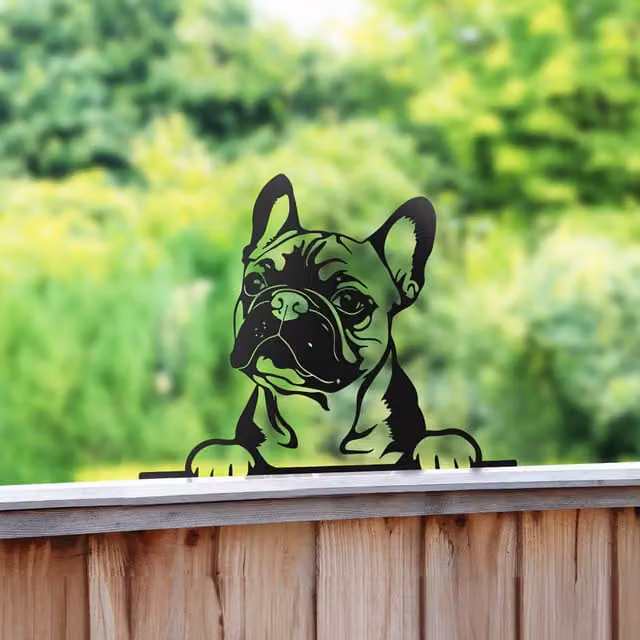 Betley Butterfly Peeking Dog Silhouette Metal Fence Topper in Black Frenchie