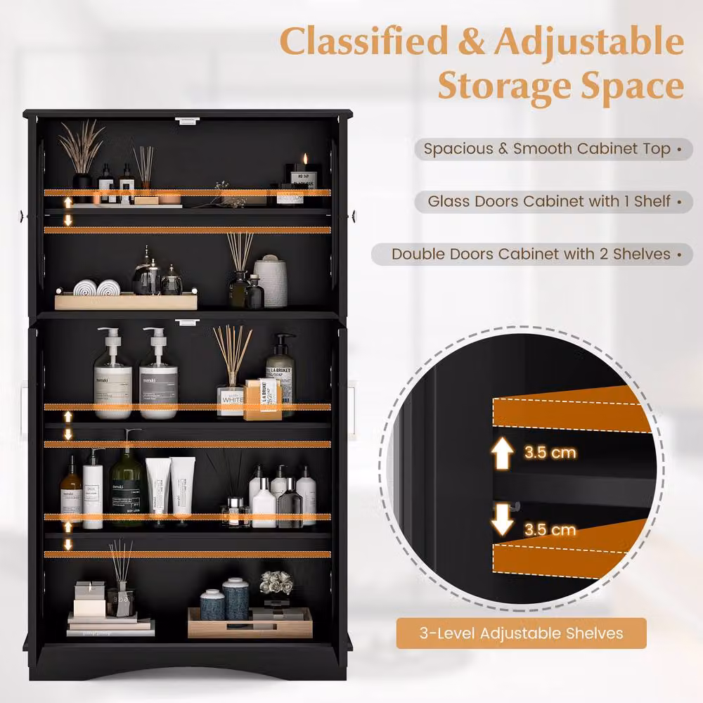 Costway Freestanding Black Bathroom Storage Cabinet with Glass Doors and Internal Shelves – 9