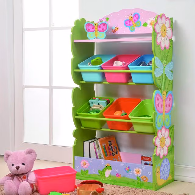 Teamson Kids Magic Garden Wooden Toy Storage Cubby Organiser, Green and Multicolour