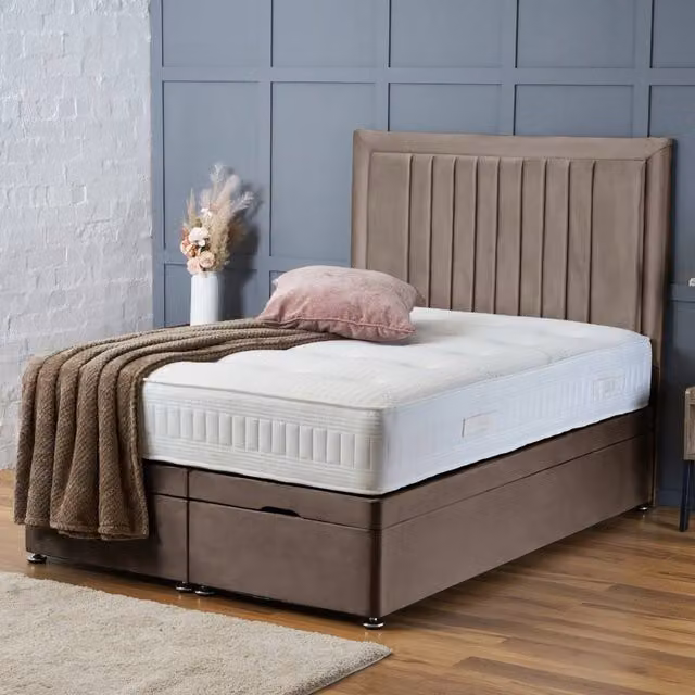 BSSPOKE King Size Canes Ottoman Divan Bed with 54 inch Headboard and Mattress in Taupe Plush Velvet