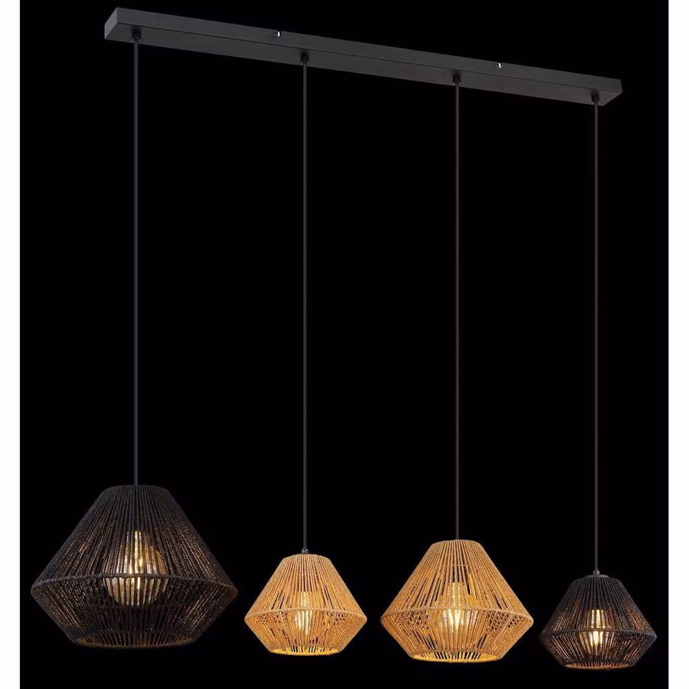 Netlighting Houdini Bar Pendant Light in Black and Beige with Natural Ropes, 4x E27, H 120 x W 103 x D 30 cm – 4
