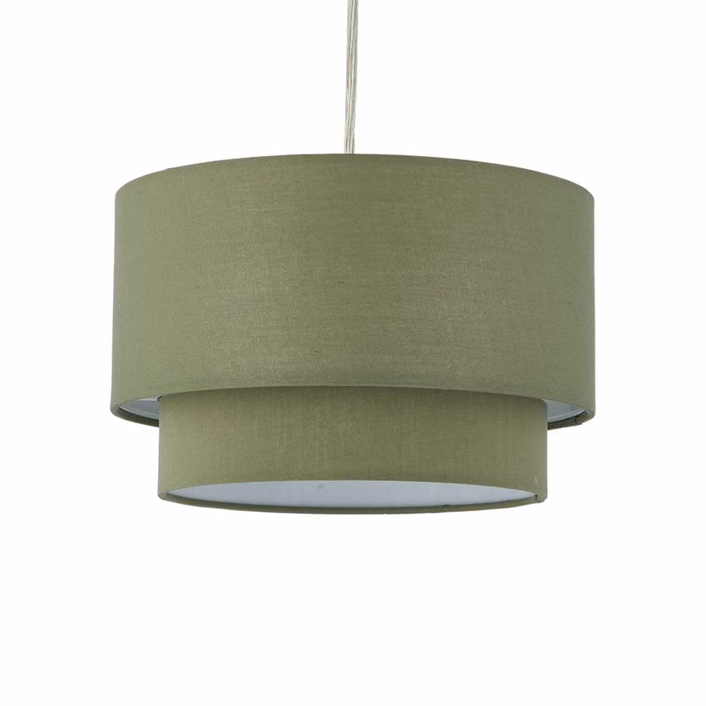 First Choice Lighting Duo Set of 2 Sage Green Cotton 2 Tier Cylinder Ceiling Light Shades – 2