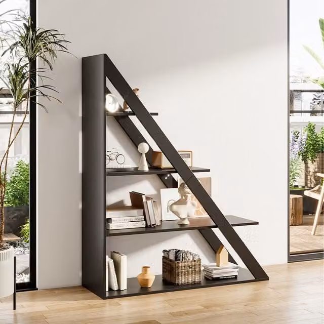 Livingandhome 4-Tier Triangle Corner Bookcase in Black Matt Wood