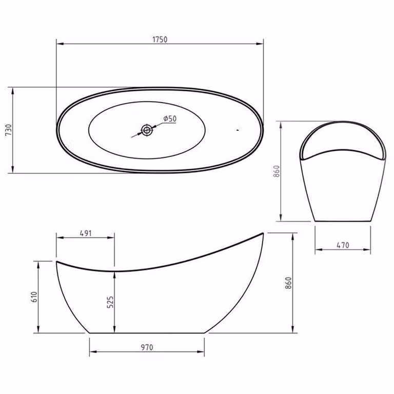 Balterley Modern Oval Freestanding Acrylic Slipper Bath in Black W/D/H: 170 x 70 x 86 cm