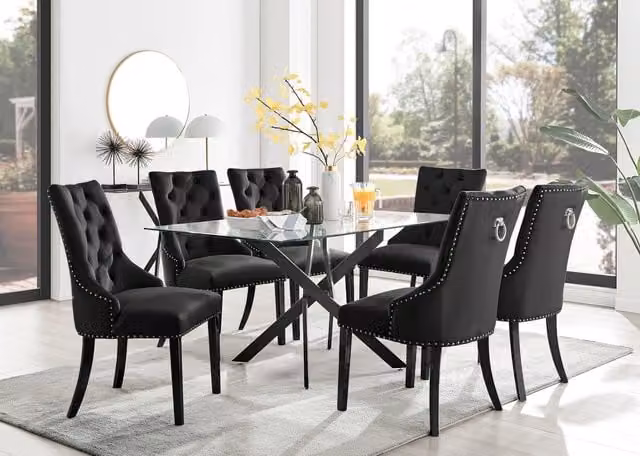 FurnitureboxUK Leonardo Glass Dining Table and 6 Belgravia Chairs in Black and Transparent, W/D/H: 150 x 90 x 75 cm