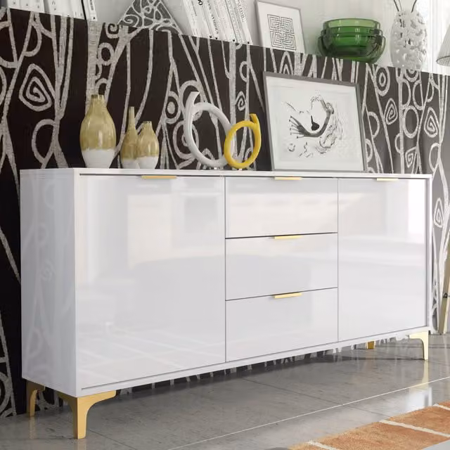 Creative Furniture Goldline Gloss Sideboard in White and Gold, Width: 140 cm