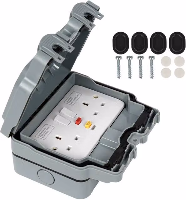 SPETLEK Grey IP66 Weatherproof Double Switched RCD Socket 13 Amp UK Plug
