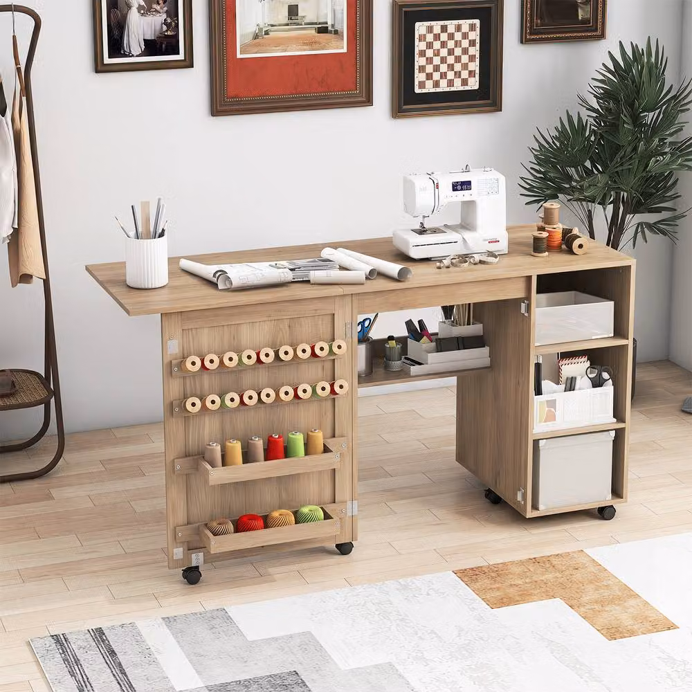 Costway Folding Sewing Table and Rolling Craft Station with 18 Pegs in Brown – 3