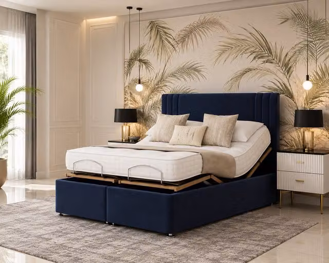 K Mehmood Enterprise Ltd Motorised Upholstered Adjustable Mobility Bed with Mattress and Headboard in Blue, 180 x 200 cm