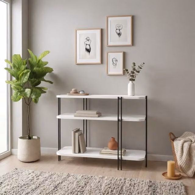 Decortie Notus Open Console Table with White Metal Frame and MDF Tiers