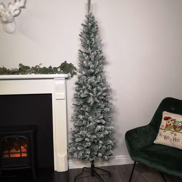 Samuel Alexander Premier Snow Flocked Green PVC Spruce Pine Slim Christmas Tree