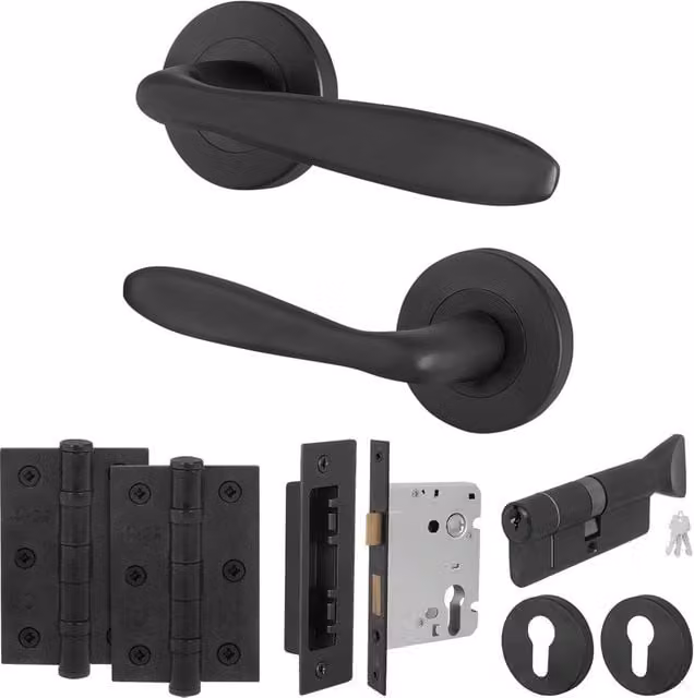 AFIT Black Euro Cylinder Door Handle Lock and Hinges Complete Set, H x W: 15.0 x 15.0 cm