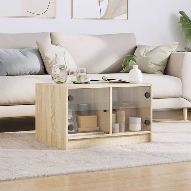 Berkfield Home Modern Coffee Table with Glass Doors in Sonoma Oak and Beige, W: 68 cm, D: 50 cm, H: 42 cm – 1