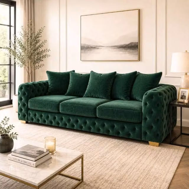 Stratus Interiors Ashley Luxe Chesterfield Scatter Back L-Shape Sofa in Dark Green Velvet – 1