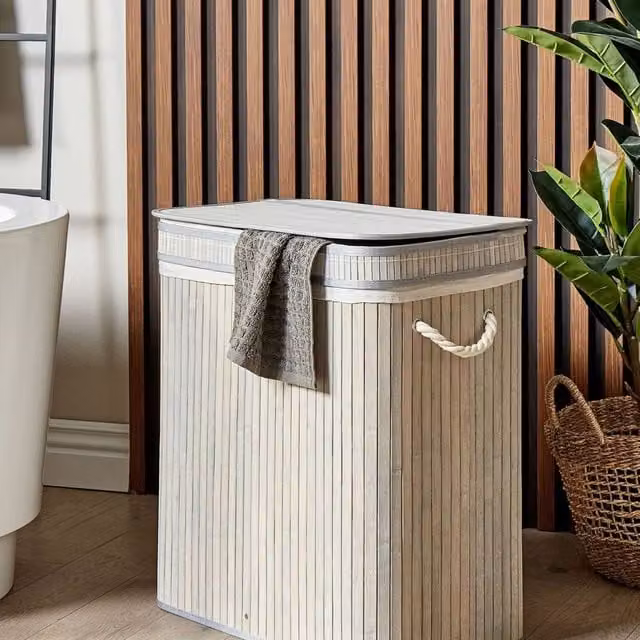Wyld and Coco Bamboo Laundry Hamper with Zippered Lid and 2 Compartments in Grey – 1