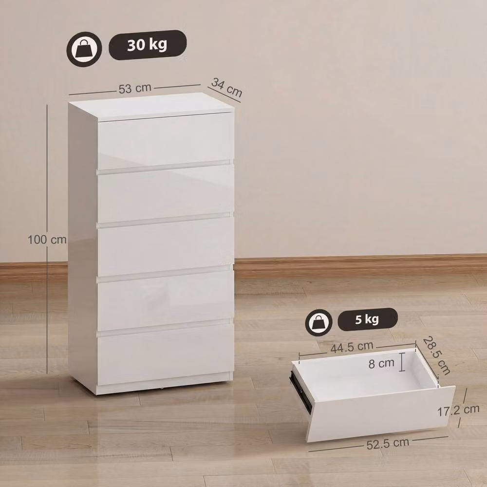 HOMCOM Modern White Glossy 5-Drawer Bedroom Chest of Drawers – 2