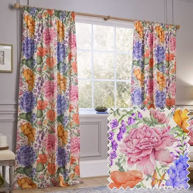 Voyage Maison Idalia Floral 100% Cotton Pencil Pleat Curtain Pair, Multicolour, Width: 229 cm, Drop: 183 cm