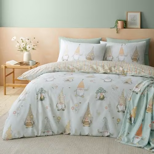 Catherine Lansfield Spring Gonks Reversible Single Duvet Cover and Pillowcase Set, Mint Green, W/H: 135 x 200 cm, Pillowcase: 50 x 75 cm
