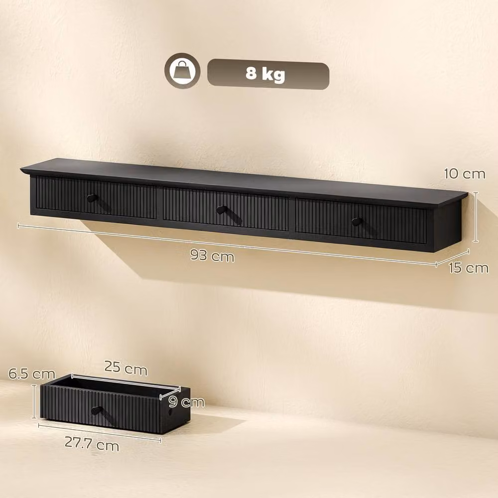 HOMCOM Modern Wall-Mounted Shelf, Black, W: 93 cm, D: 15 cm, H: 10 cm – 3