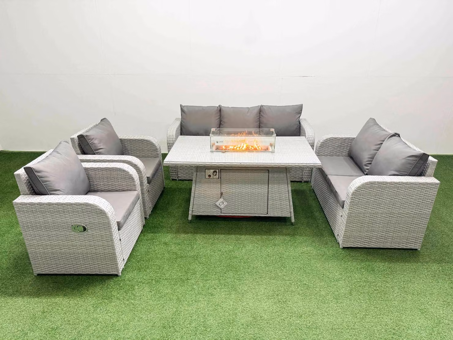 Fimous PE Rattan Garden Furniture Set in Light Grey with 2 Seater Sofa, Reclining Armchair, Firepit Dining Table and Upholstered Cushions