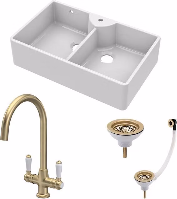 Balterley White Ceramic Double Bowl Butler Sink with Mono Lever Mixer Tap and Wastes in Gold/White, W: 89.5 cm