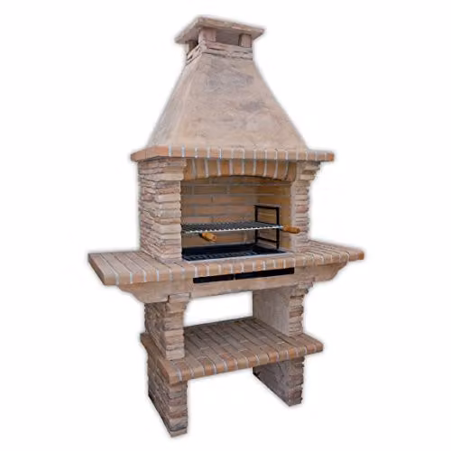 Garden Secrets Callow Stone Masonry Barbecue BBQ with Grill and Side Tables in Brown