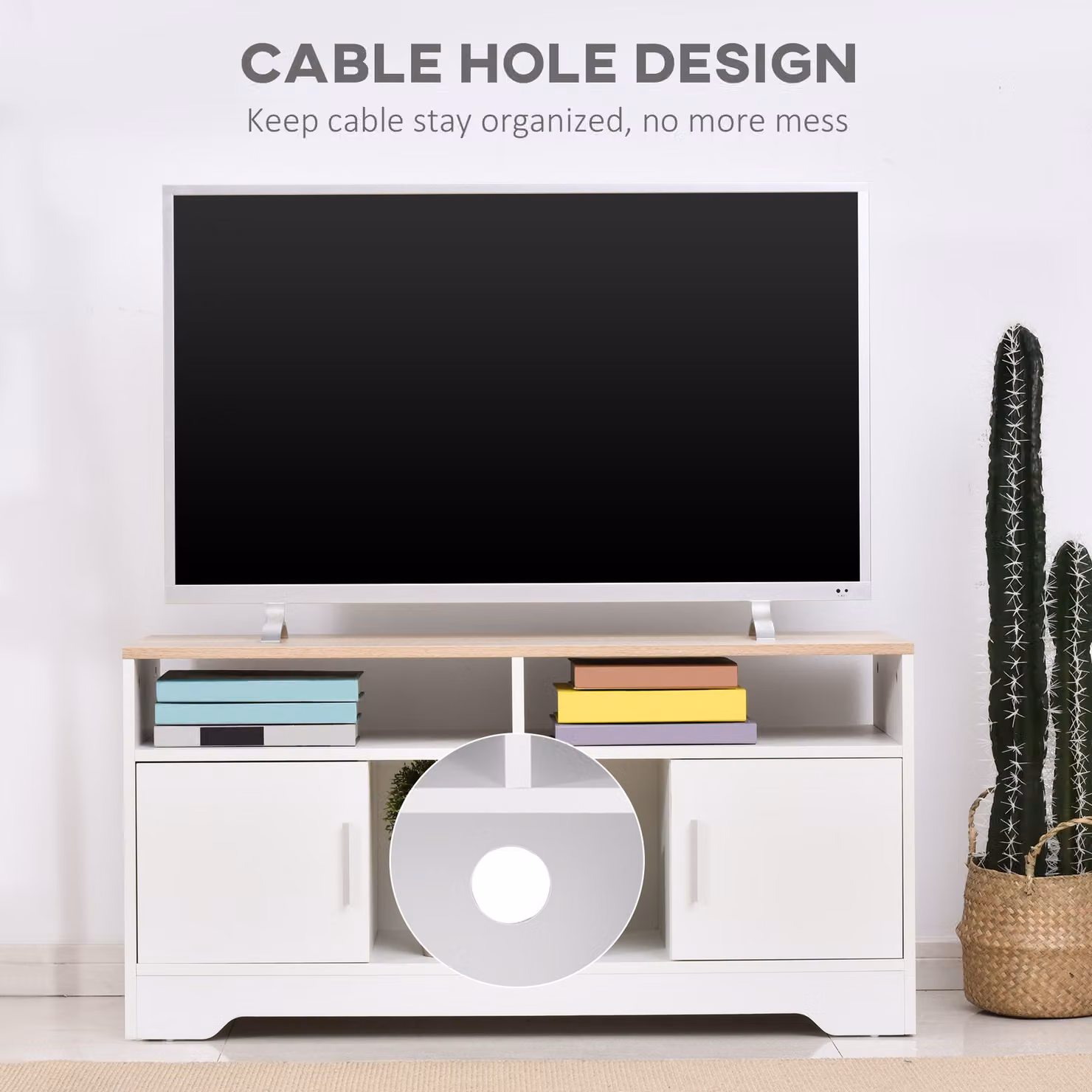 HOMCOM Modern TV Stand for TVs up to 42 Inches with Cabinets and Shelves, White and Brown – 4