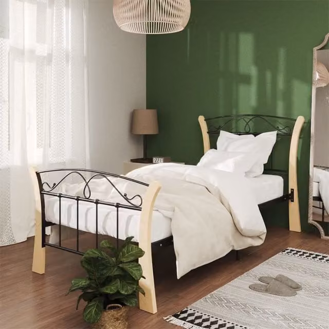 Berkfield Home Black Metal and Oak Bed Frame W: 90 cm, L: 200 cm