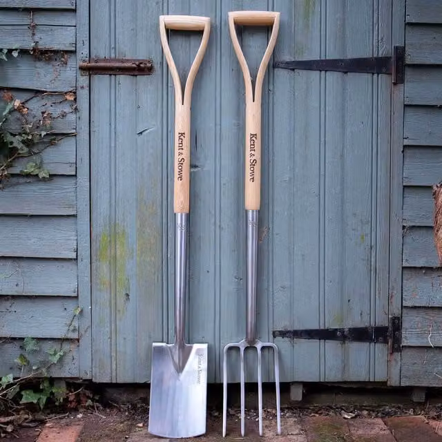 Kent & Stowe Border Spade and Fork Duo with Stainless Steel Blades and Wood Handles, 2-Piece, Brown and Silver