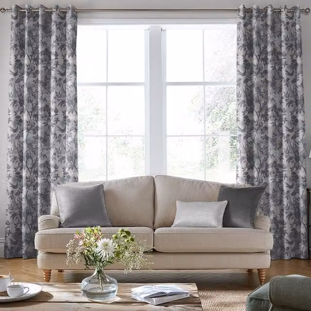 Laura Ashley Eglantine Silhouette Woven Made to Measure Blackout Eyelet Curtain Panel in Grey Floral Design