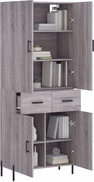 Berkfield Home Grey Sonoma Modern Highboard with Hinged Doors and Internal Shelves, W/D/H: 69.5 x 34 x 180 cm