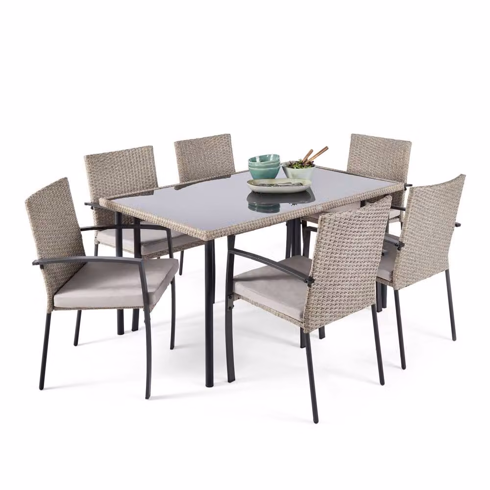 VonHaus 6 Seater Rattan Effect Garden Dining Set with Glass Top Table and Chairs in Grey and Black – 2