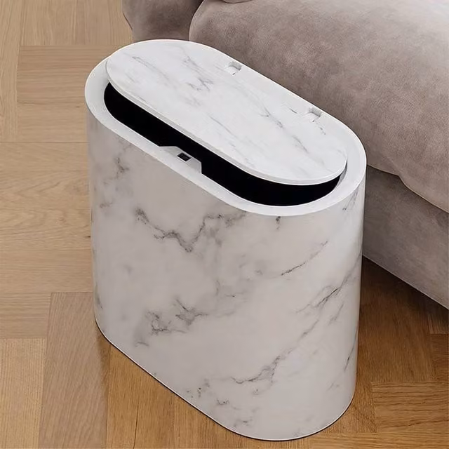 PAWNORA 12L Marble Effect Freestanding Waste Bin in White and Grey – 1